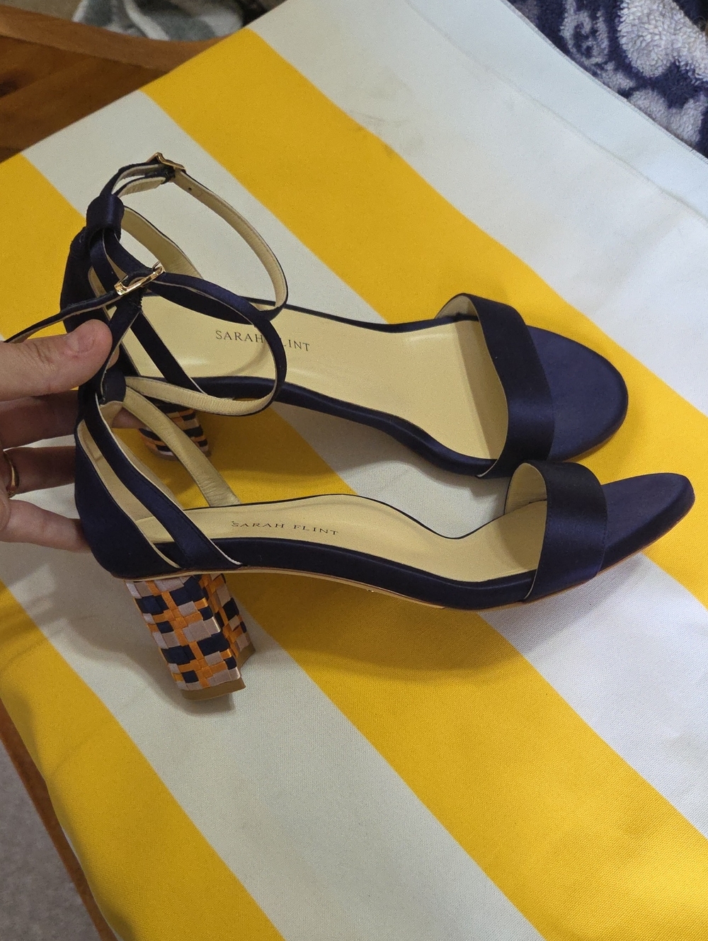 Sarah Flint Navy Satin Ankle-Strap Sandals with Multicolor Woven Block Heel